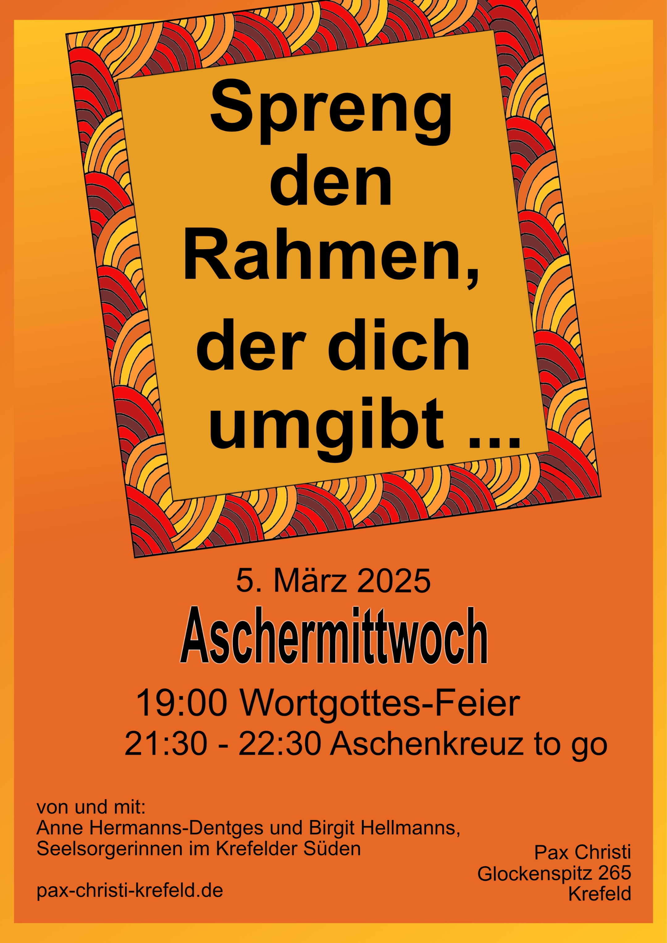 Rahmen, der oben aus dem Bild herausragt in Orange und rot-Tönen. mit Text