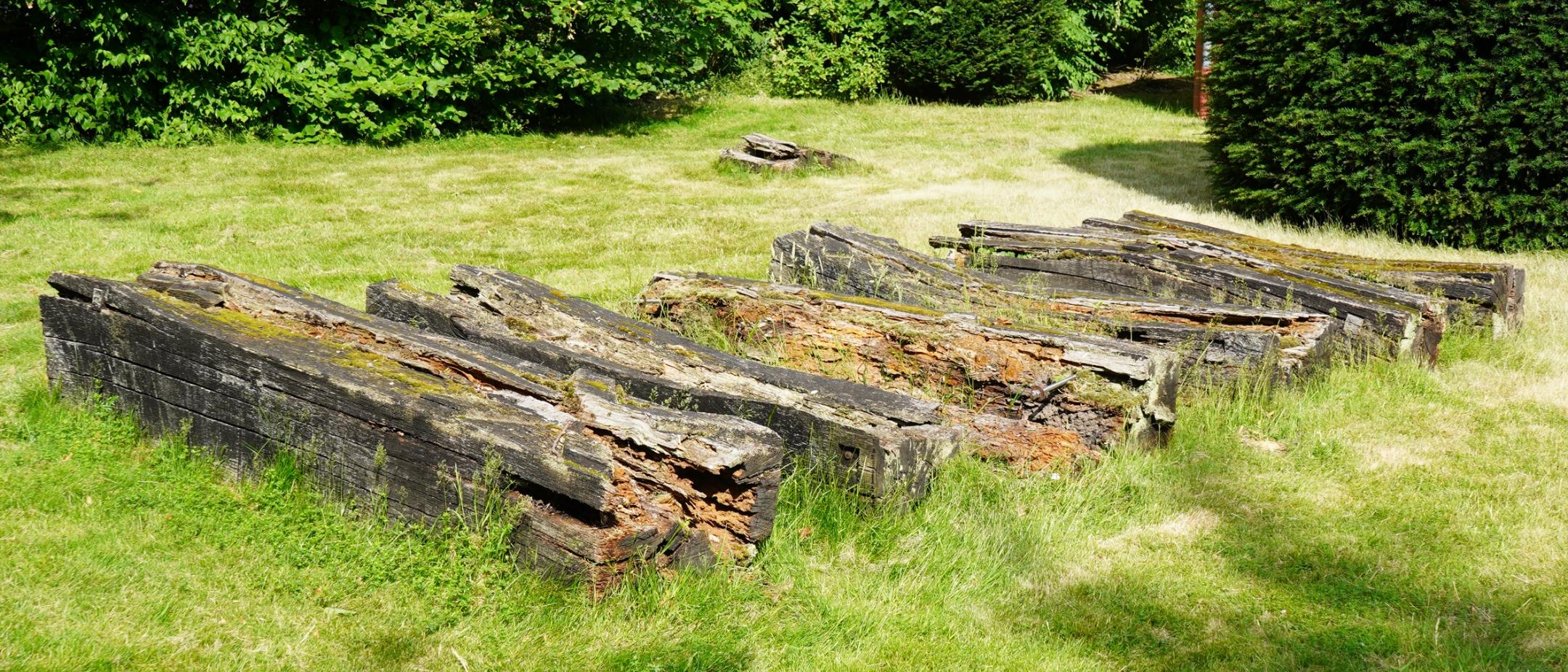 Sieben längliche, zerfallende Holzskulpturen nebeneinander auf einer Rasenfläche