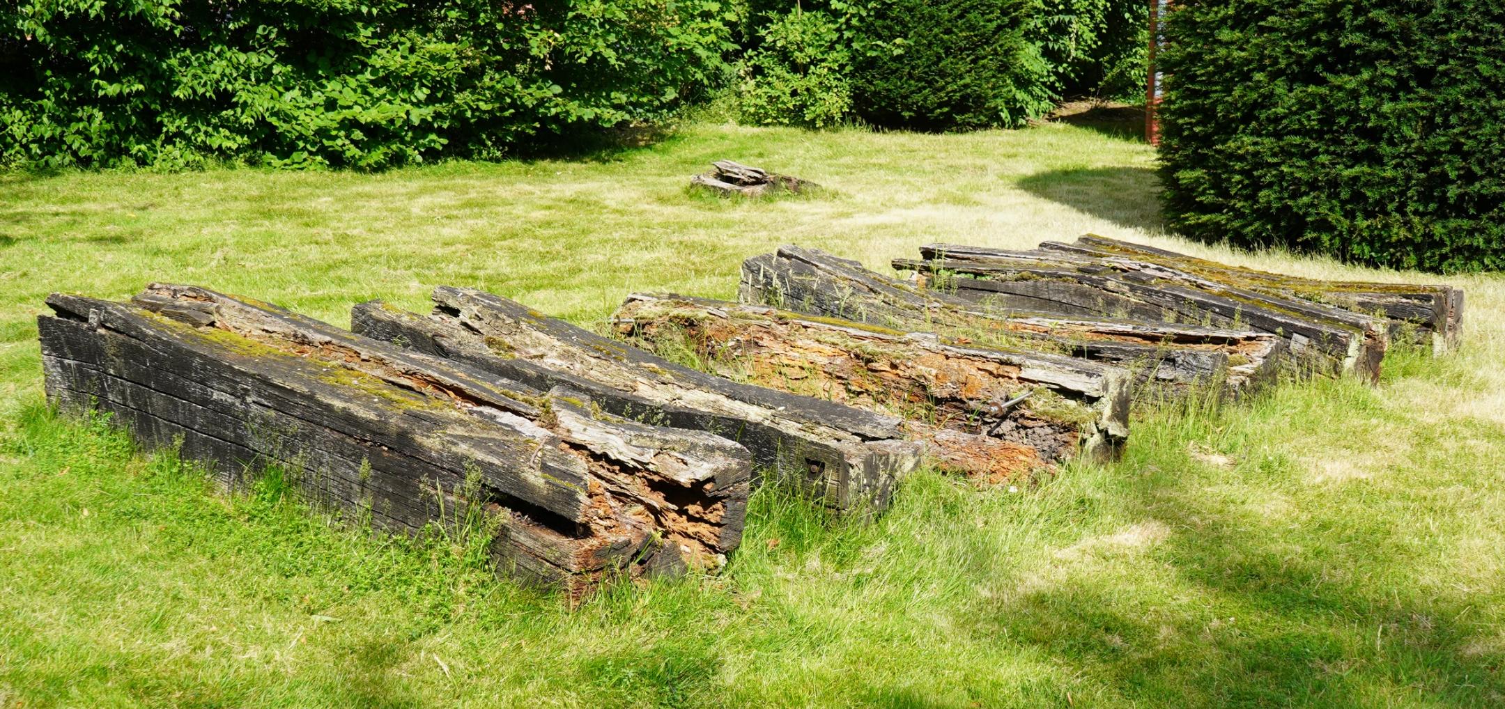 Sieben längliche, zerfallende Holzskulpturen nebeneinander auf einer Rasenfläche