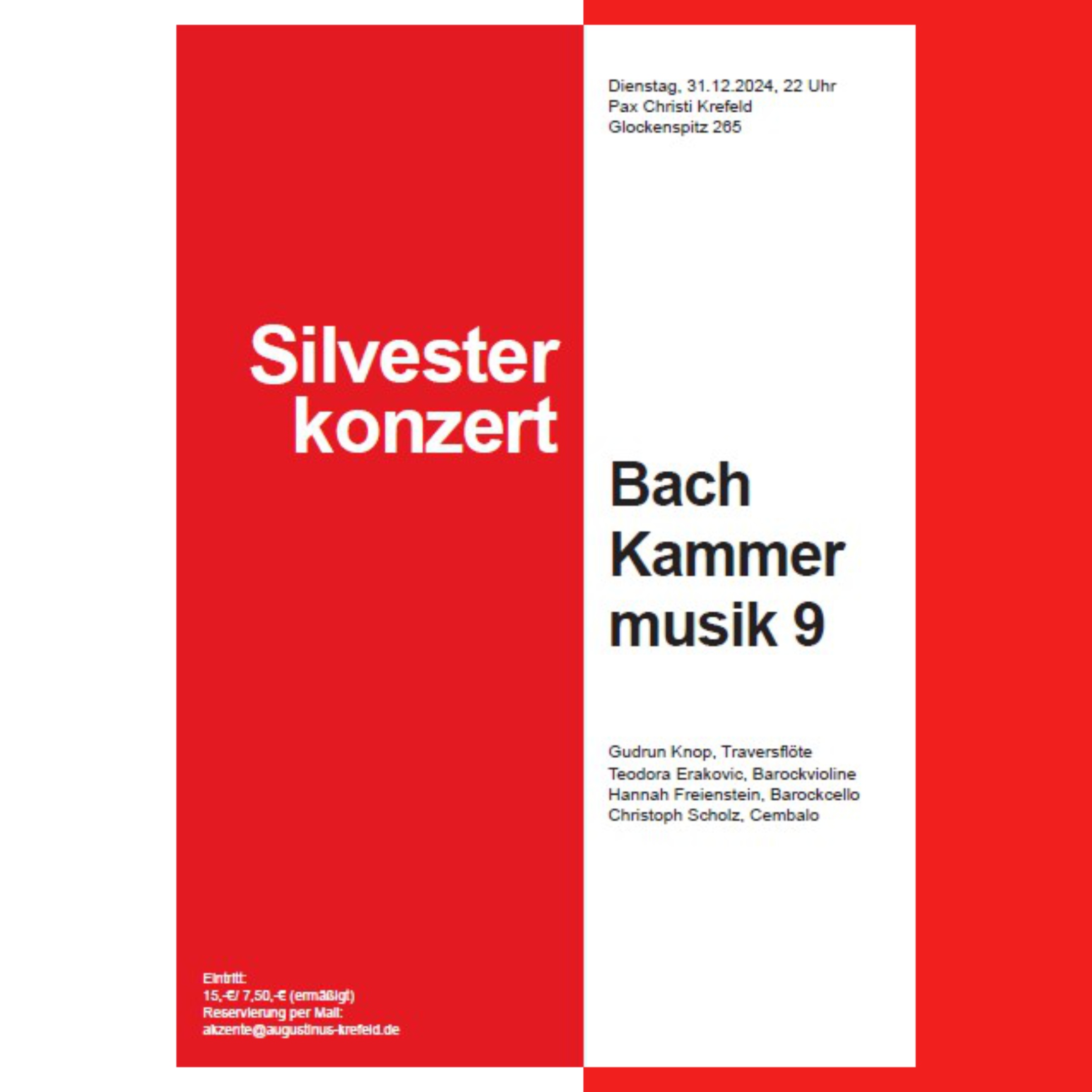 rot-weißes Plakat mit Schrift 'Silvesterkonzert' und de Infos dazu